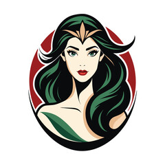 A cartoon illustration of a woman with long, green hair and a crown on her head. She is looking directly at the viewer.
