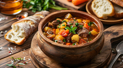 Rustic Wooden Table with Hearty Beef Stew and Fresh Bread