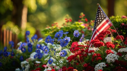 patriotic garden display an American flag red, white, blue flowers, symbolizing natural American pride