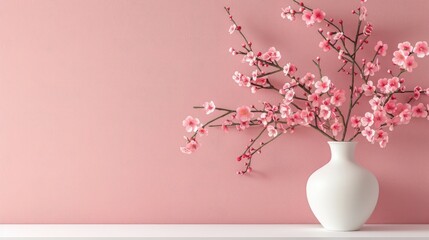 Decorative arrangement of pink cherry branches in a white vase