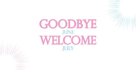 Welcome to July' text surrounded by summer elements like sun, beach, and, creating a cheerful and warm atmosphere