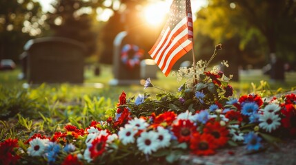 Naklejka premium tranquil scene a soldiers grave an American flag a wreath red, white, blue flowers placed in remembrance on Memorial Day