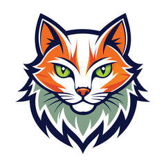 Obraz premium A close-up, cartoon illustration of an orange and white cats head, with green eyes, on a white background.