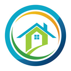 A logo featuring a green house with a single window inside a blue circle with a yellow arc.