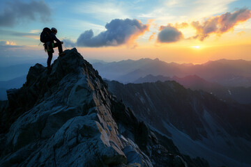 Fototapeta premium Triumphant Hiker Standing on Mountain Summit at Sunrise, Gazing into the Horizon
