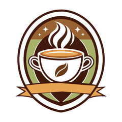 An illustration of a steaming cup of coffee with a leaf logo, surrounded by an oval frame.