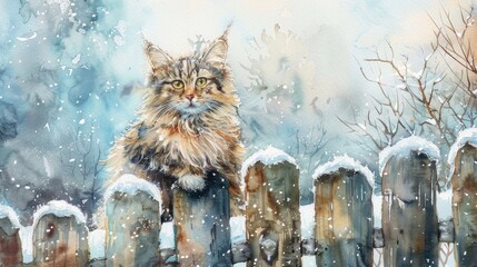 Fluffy cat painted with watercolors perched on wooden fence in wintry setting