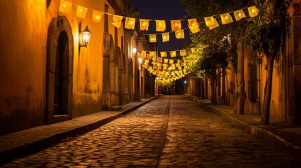 Colorful mexican lanterns light up charming cobblestone street during vibrant cultural celebration