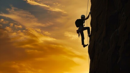 A rock climber is silhouetted against the evening sky as he rappels past an overhang in Joshua Tree National Park.