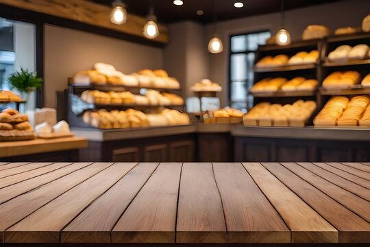 Wooden Table top with blurred background of bakery shop. Generative ai