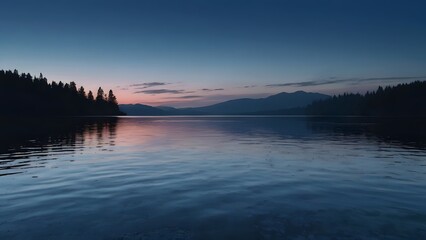 Fototapeta premium A serene landscape under a twilight sky, where the horizon blends seamlessly from deep midnight blue to shimmering silver