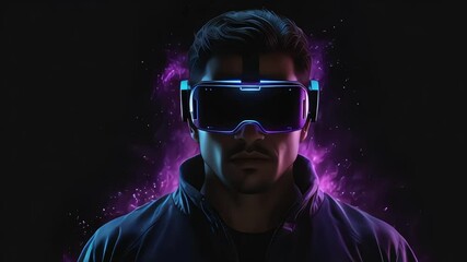 man wear futuristic technology of vr glasses simulator by purple aura energy on black backdrop