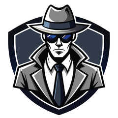 A digital illustration of a private investigator wearing a fedora and sunglasses. The illustration is set against a shield-shaped background.