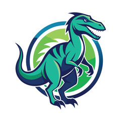 Fototapeta premium A green dinosaur with a toothy grin stands inside a circle with green and blue colors.