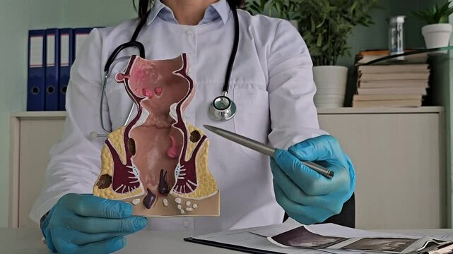 A doctor explains the anatomy of the rectum and anus using a model