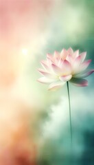 Fototapeta premium A single elegant lotus flower with soft pink and white petals, standing tall on a thin green stem. The background is a dreamy mix of very light, warm