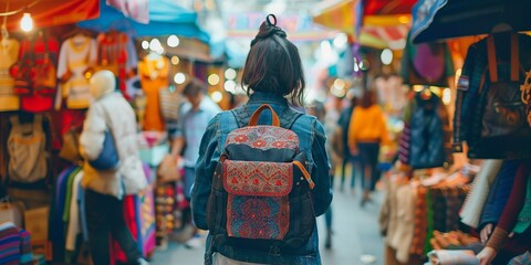 Traveler with a Backpack in a Vibrant Street Market