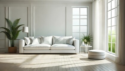 Fototapeta premium A modern living room with a white couch and a large window, ample copy space, bright and minimalistic background.