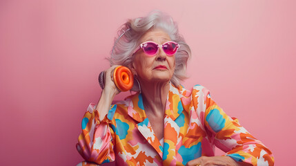 Relaxed vibe Beautiful old woman grandmother in stylish sportive trousers posing on vintage rollers over pink studio background Concept of age fashion lifestyle emotions facial express : Generative AI