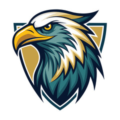 Obraz premium A digital illustration of an eagles head with blue and yellow feathers. The eagles head is positioned inside of a shield, representing strength, power, and protection.