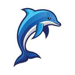 A cartoon blue dolphin leaps out of the water with a bright white background.