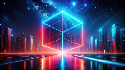 Abstract red blue neon background with glowing linear volumetric cube in city street under starry night sky. Digital futuristic wallpaper, neon, abstract, glowing, cube, city, street