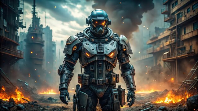 Apocalyptic war robot in protective suit rendered in software with matte painting, robot, apocalypse, nuclear, war, chemical, protective suit, digital