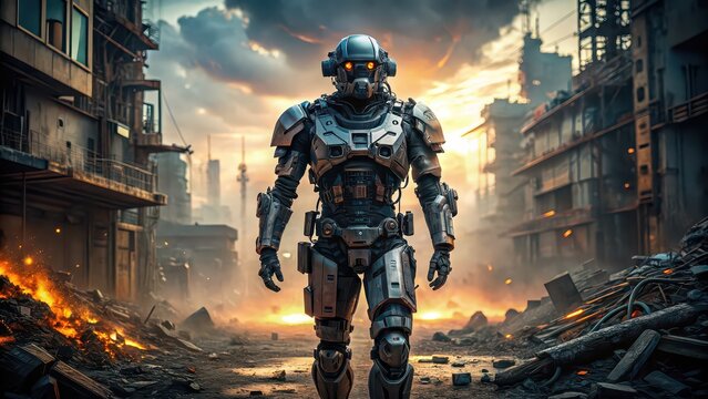 Apocalyptic war robot in protective suit rendered in software with matte painting, robot, apocalypse, nuclear, war, chemical, protective suit, digital
