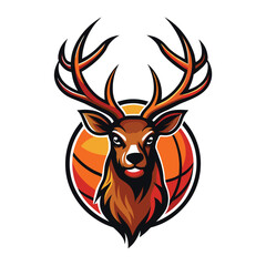 Fototapeta premium Cartoon deer head with antlers gazes directly at viewer, superimposed over basketball with orange and black design visible behind it.
