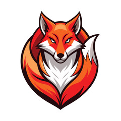 Obraz premium A stylized red fox logo design with a curled tail and a serious expression. The fox is depicted in a circle with a white background.