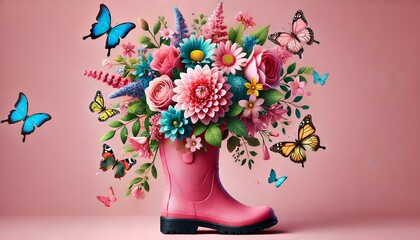 A vibrant floral arrangement in a pink boot with butterflies flying around, ample copy space, bright and cheerful. 