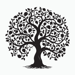 black silhouette of a apple tree isolated white background