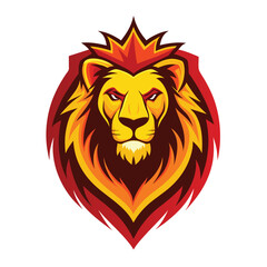 Obraz premium A powerful lion mascot with a golden mane and a fiery crown, set against a red background, symbolizing strength and leadership.