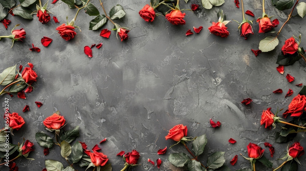 Poster roses framework on gray background with copy space texture floral pattern