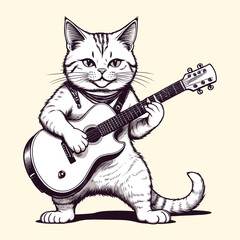 Playful Cat Playing the Guitar in Hand Drawn Style