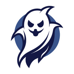 Obraz premium A cartoon ghost illustration with a mischievous grin, outlined in bold blue and set against a blue circle.