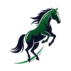 Fototapeta premium A green and black horse is depicted in a dynamic pose, leaping with its front legs extended. It is stylized with a flowing mane and tail, creating a sense of motion.