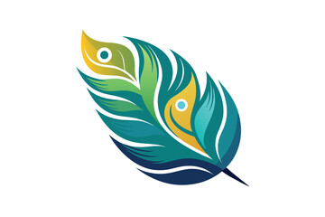 An illustration of a single, colorful peacock feather on a white background. The feather is green, blue, and yellow.