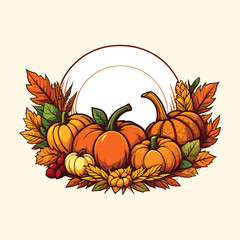 Pumpkin with Fruits Wreath Badge Vintage Illustration