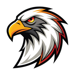 A cartoon illustration of an eagle head facing right with a fierce expression. The eagle has a white head with black and orange detailing, and its red eye is wide open.