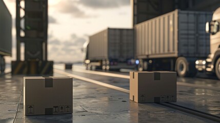 Industry Cargo Freight Trucks Transport and Logistics. Trailer Container Truck Parked Loading Package Boxes at the Warehouse. Supply Chain. Distribution Warehouse Center. Shipping Shipment Cargo.