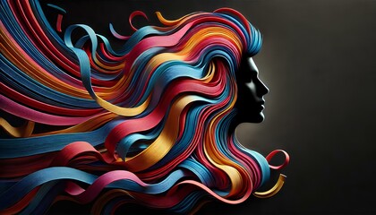 Obraz premium A creative composition of a silhouette profile of a person surrounded by a cascade of colorful ribbons, dark background