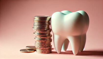 A close-up shot of a ceramic tooth model leaning against stacks of coins, on a pastel pink background