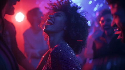 Attractive woman laughing while dancing with friends Group of men and women dancing at new years eve party at night club : Generative AI
