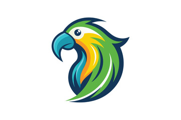 Fototapeta premium A colorful parrot head logo design featuring green and blue feathers. The parrots beak is blue, its eye is black, and its head is yellow.