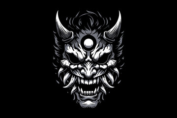 Scary oni mask skeleton black and white vector design