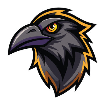 recommend clip art: A digital illustration of a black raven head with a yellow outline, against a white background.