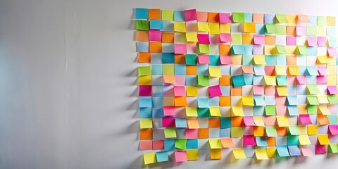 Colorful Post-its with scribbles on a white wall , notes, organization, brainstorming, creativity, planning, reminders, ideas, colorful, office, stationery, colorful, sticky, communication