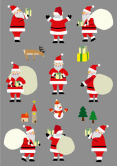 かわいいサンタクロースのイラストセット背景グレー