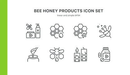 Bee Honey Products Vector Icons Set. Illustrations of Honey Jars, Honeycomb, Beeswax Candles, Pollen, Honey Cosmetics, and Supplements. Editable Linear Collection.
